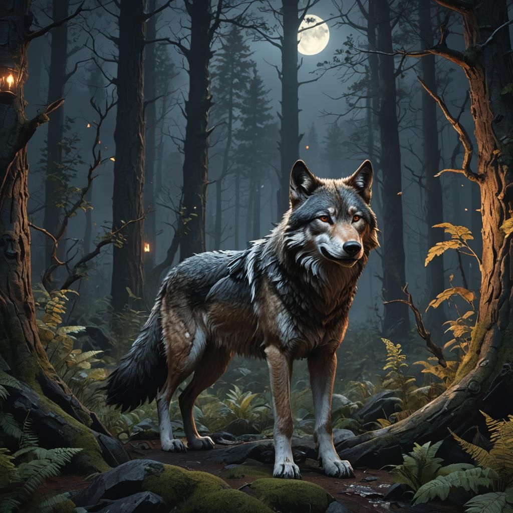 Wolf Hunting in Forest at Night
