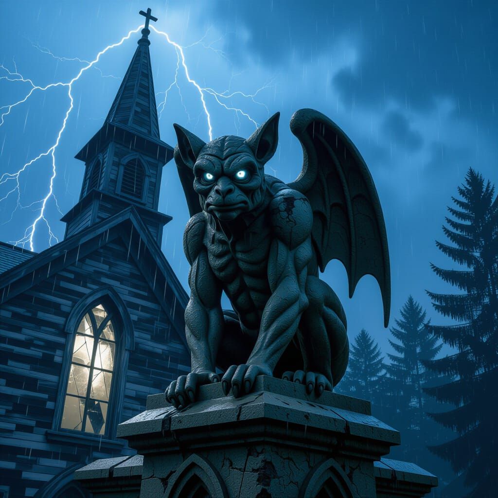 Gargoyle on Abandoned Church in Stormy Weather