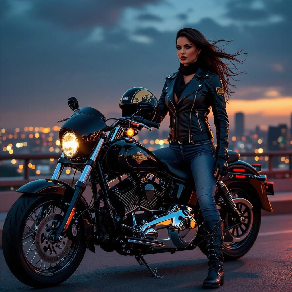Powerful Biker on Skyscraper Rooftop in Cinematic 8K Style