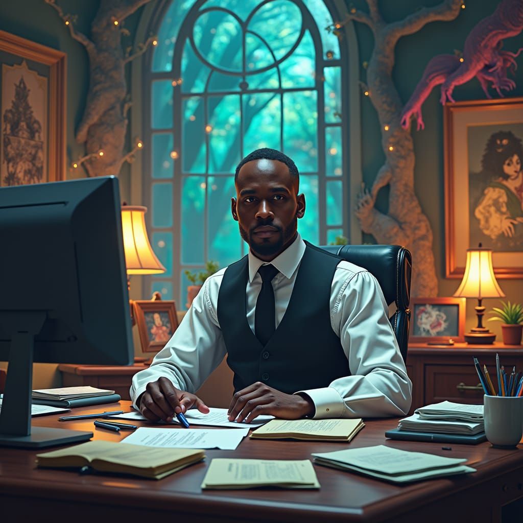 Mystical Office Scene Inspired by Ash Thorp