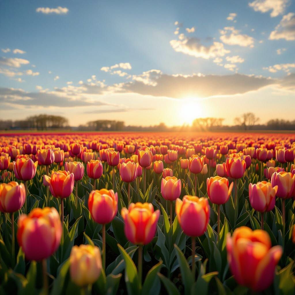 Vibrant Tulip Field Under Golden Hour Sun