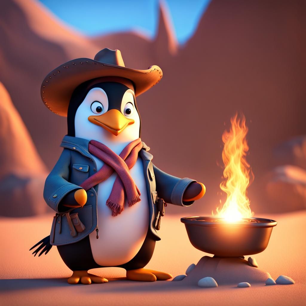 Penguin Cowboy at Desert Campfire: Pixar-Style 3D Art