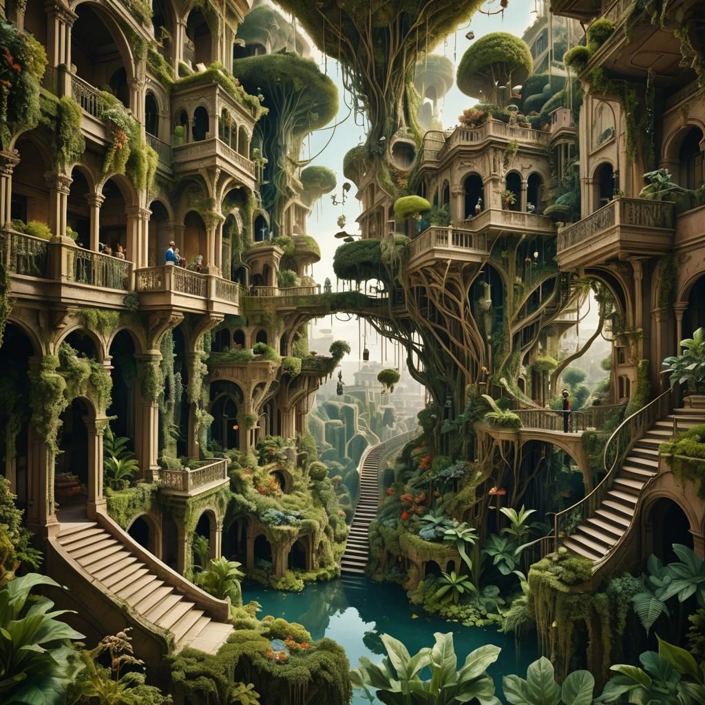 Dreamlike Hanging Gardens with Da Vinci Figure