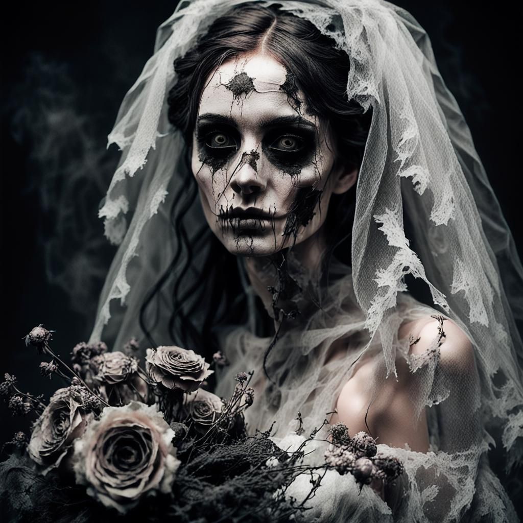 Ghostly Bride in Tattered Dress: Gothic Portrait