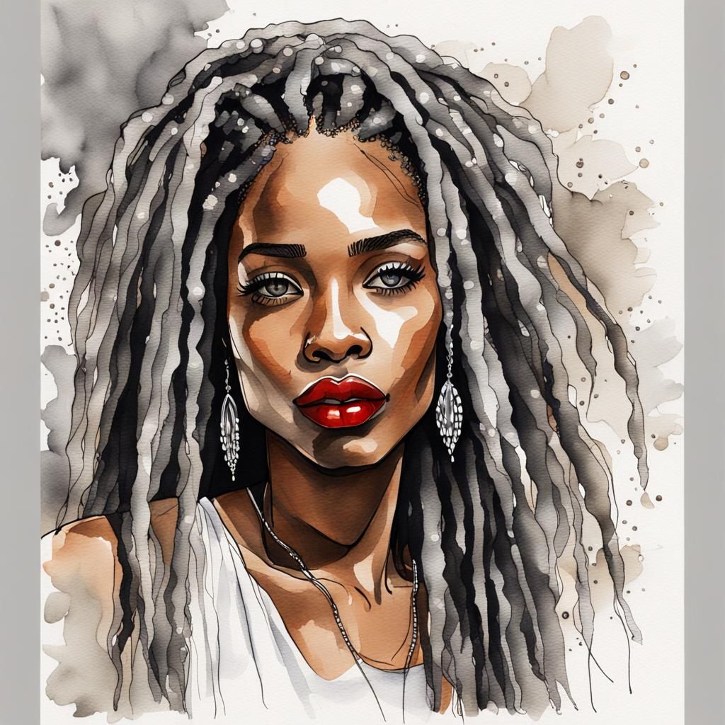 Beautiful Woman with Gray Dreads: Watercolor and Ink