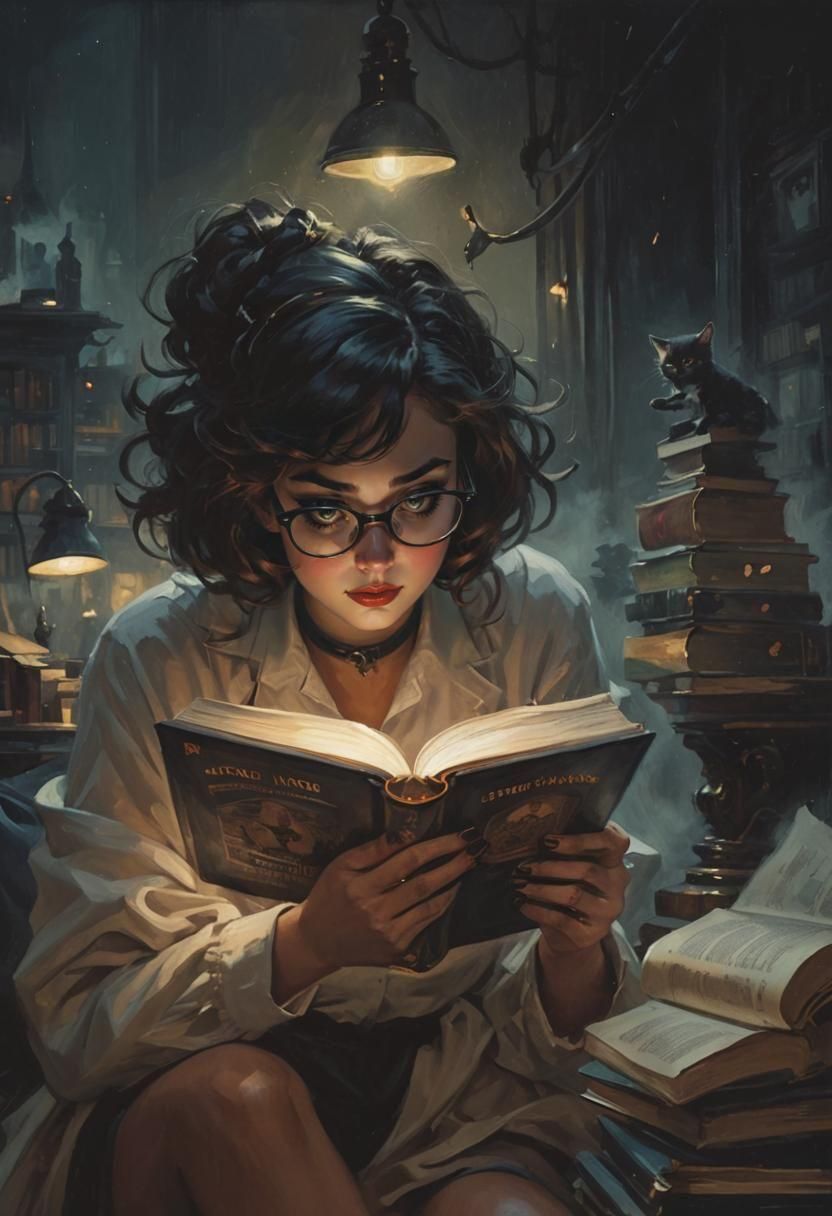 Noir Painting of a Girl Reading