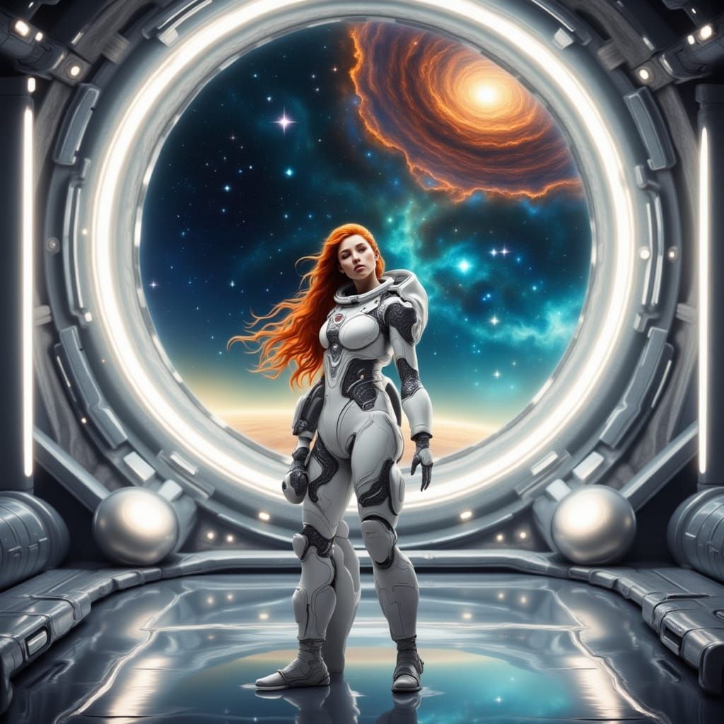 Astronaut with Orange Hair in Spaceship Corridor