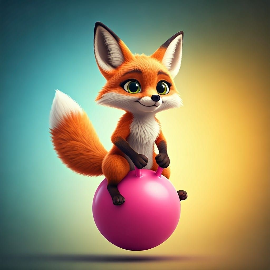 Lively Cartoon Fox Cub Bounces on Vibrant Pink Space Hopper