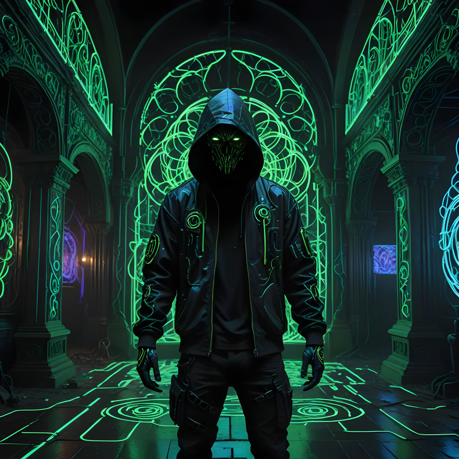 Cybernetic Figure Dancing in Dystopian Rave Temple