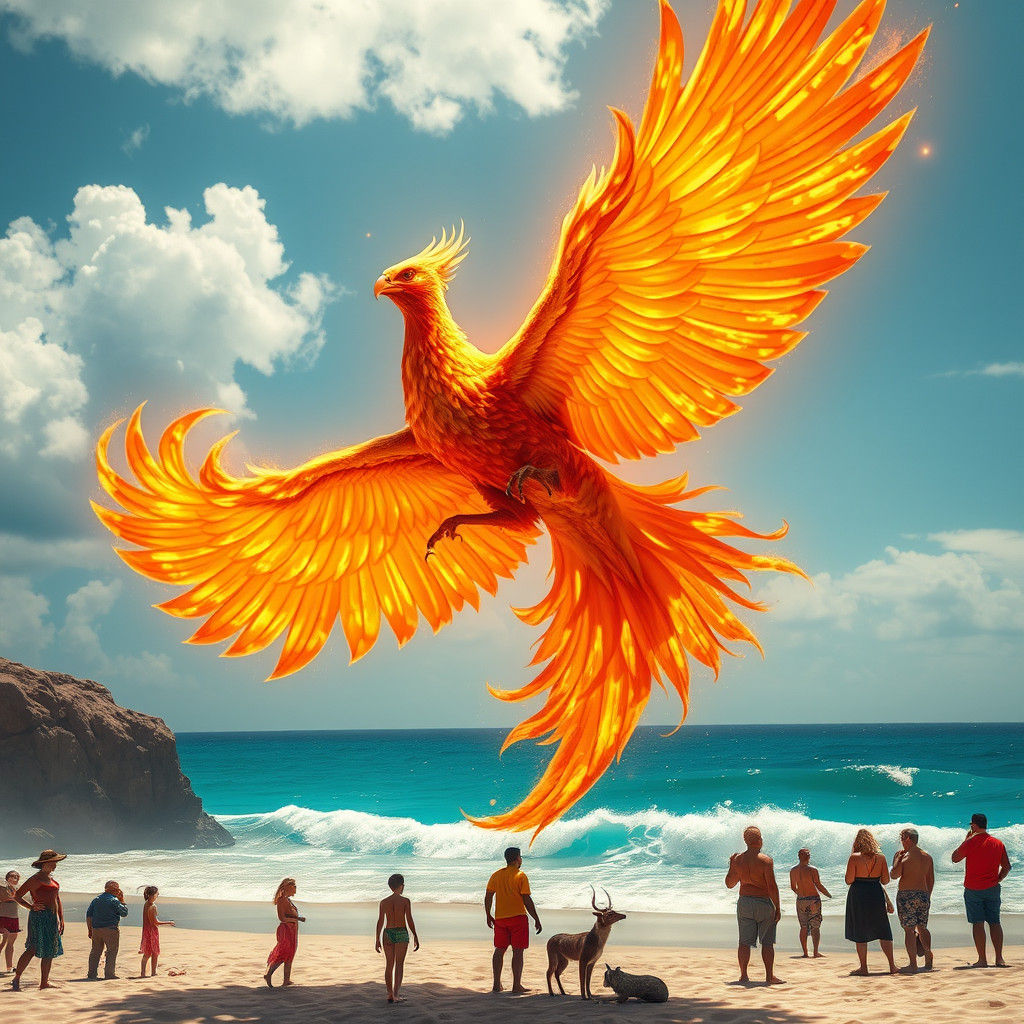 Fiery Phoenix Soaring Above a Tropical Beach