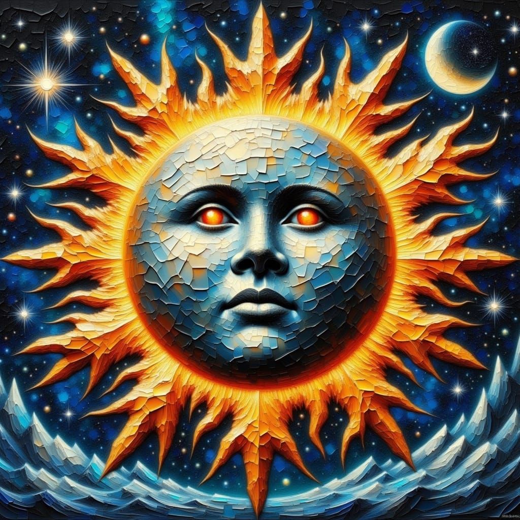 Impasto Painting of Celestial Sun and Moon Pattern