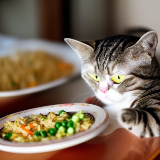 Cat eating fried rice
