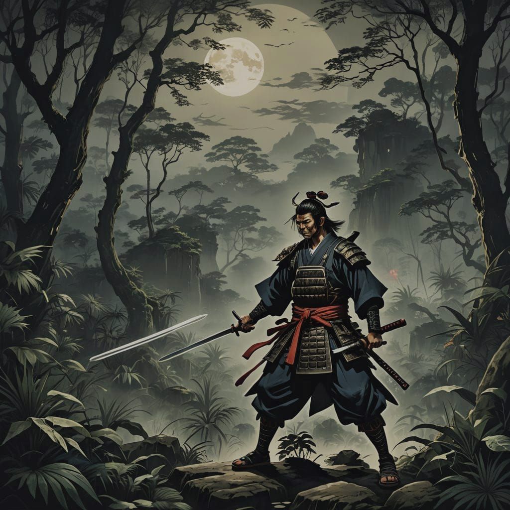 Samurai Sword Against Devil Moonlight Jungle
