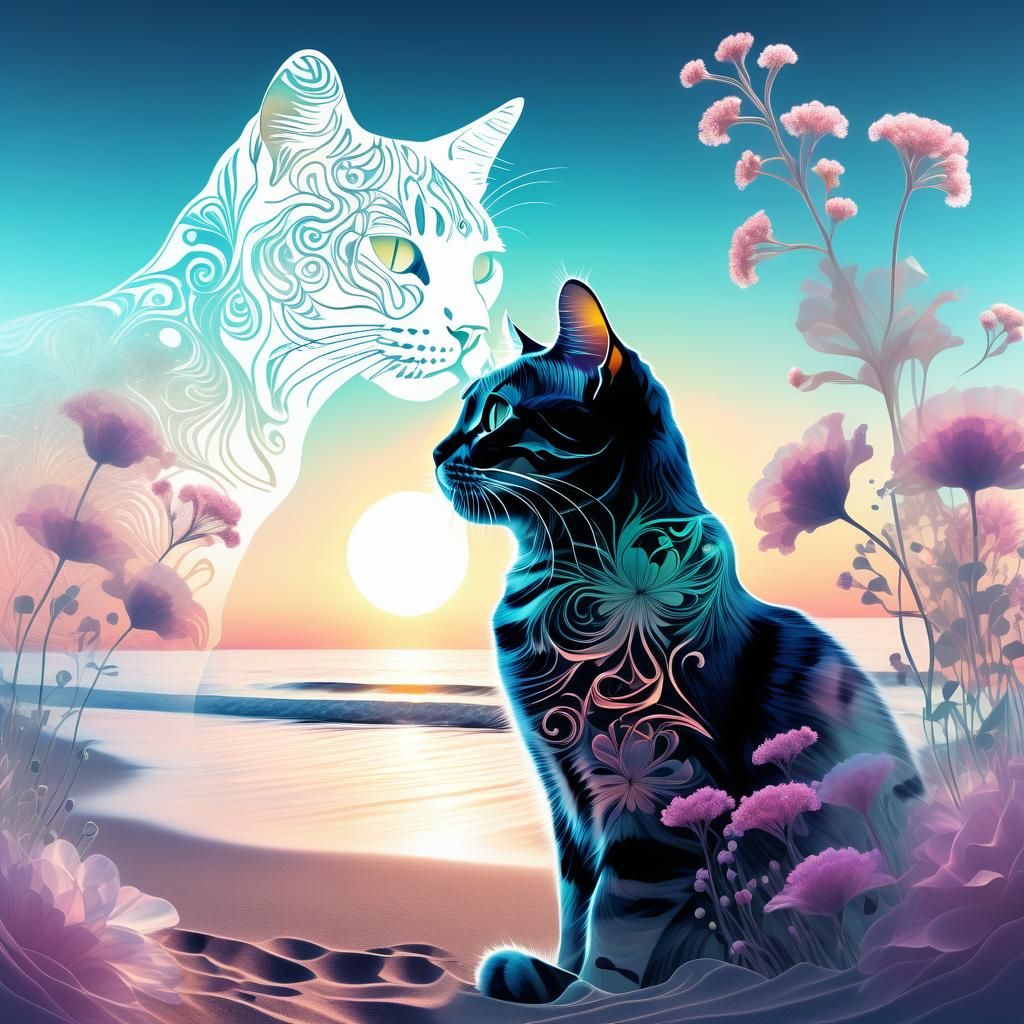 Hyperreal Double Exposure Cat with Beach Scene