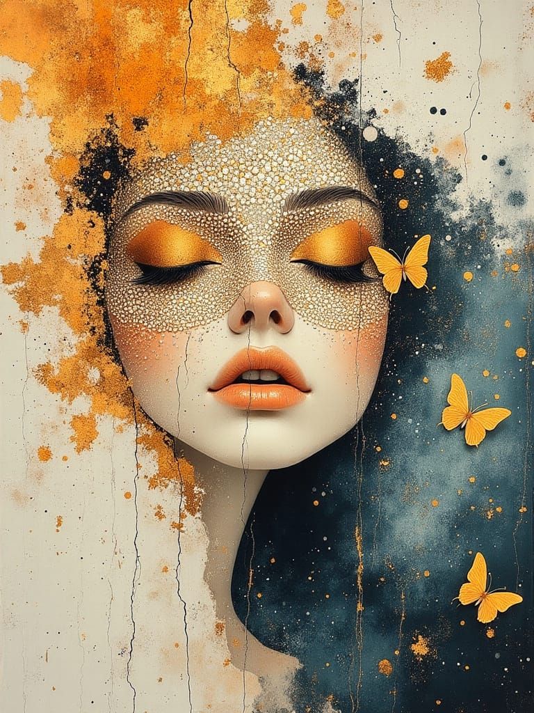 Ethereal Autumn Goddess Portrait in Abstract Mixed-Media Sty...