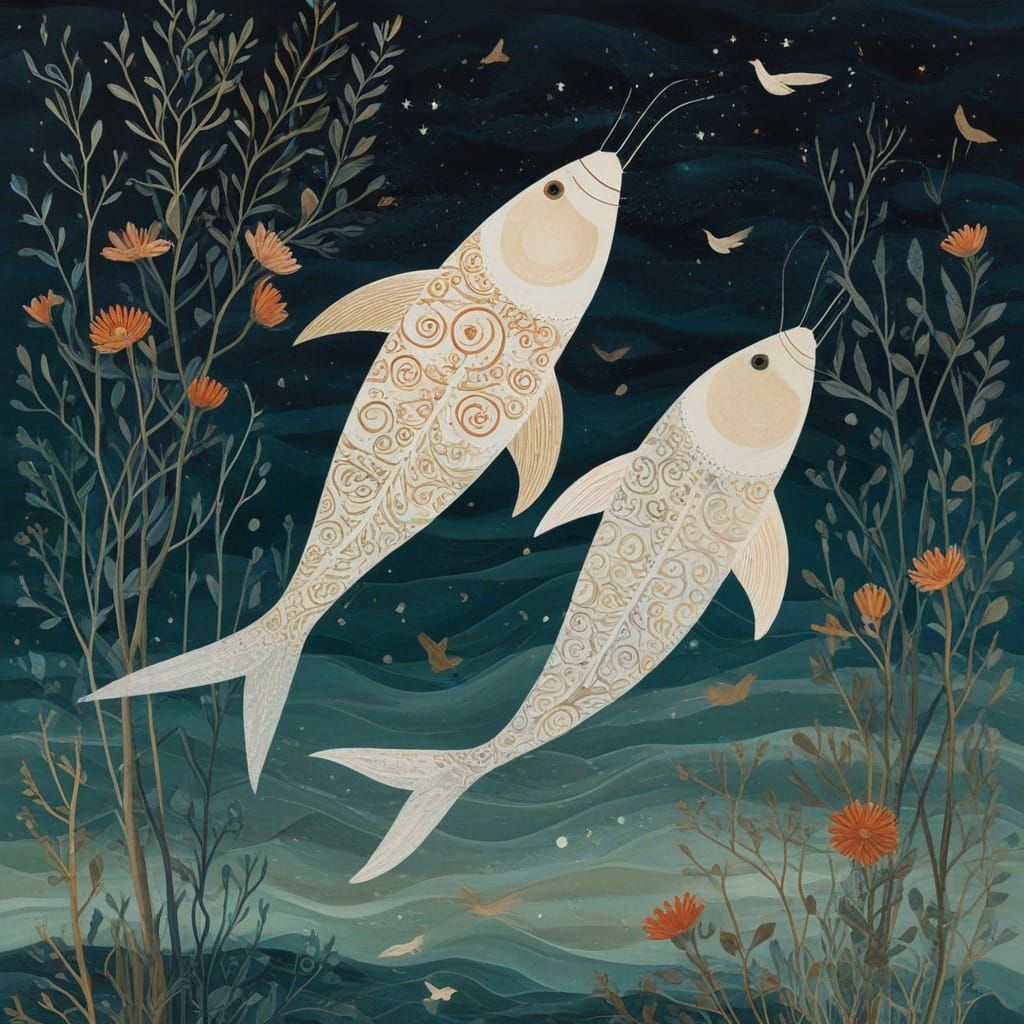 Pisces Zodiac Sign: Two Fish Entwined in Swirling Water, Ast...