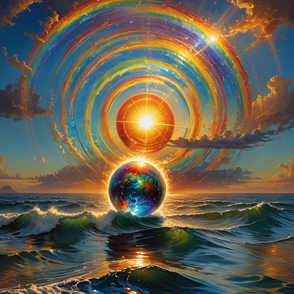 Ocean Destroyed by Sun with Rainbow Energy Beams