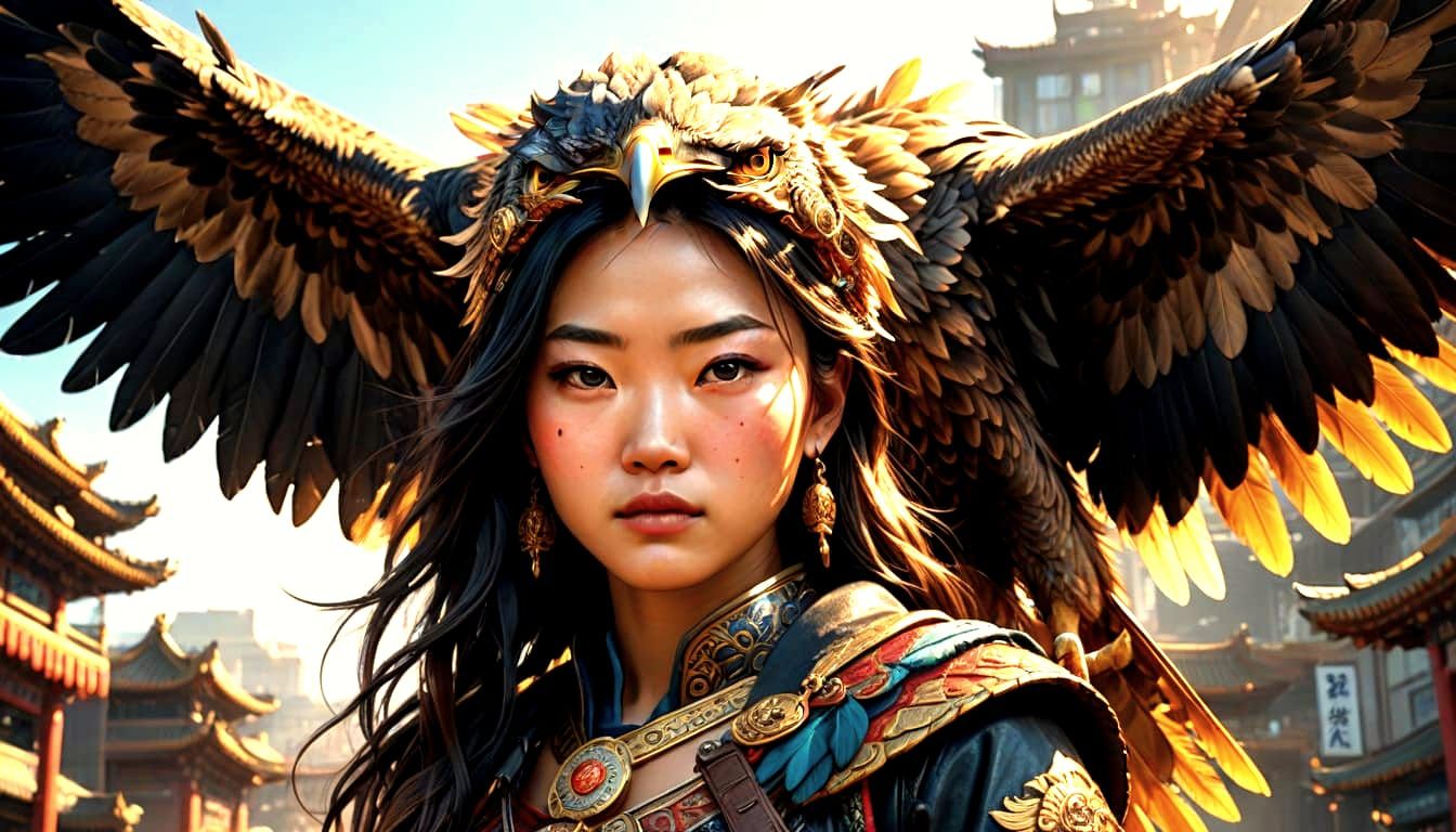 Chinese Girl with Eagle in Splash Art Style