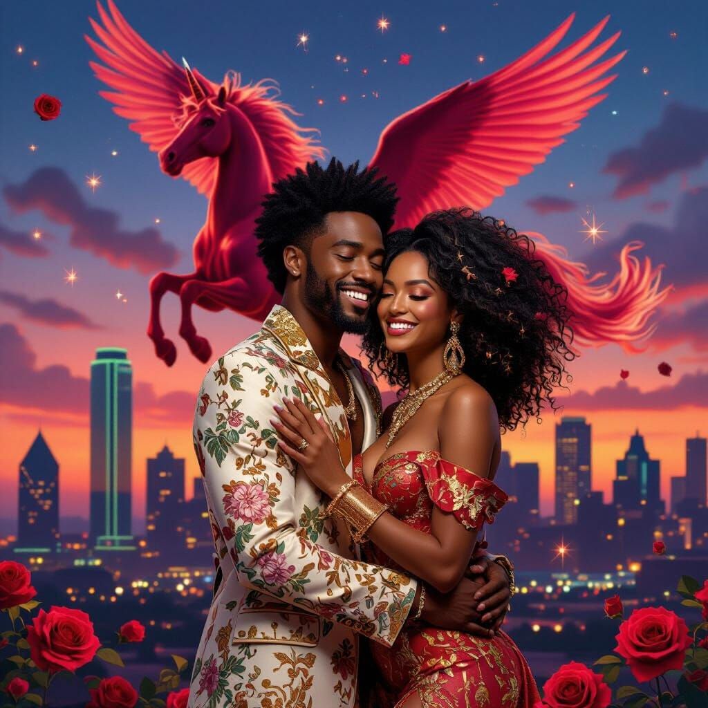 Romantic Afro-Futurism Scene with Pegasus Over Dallas