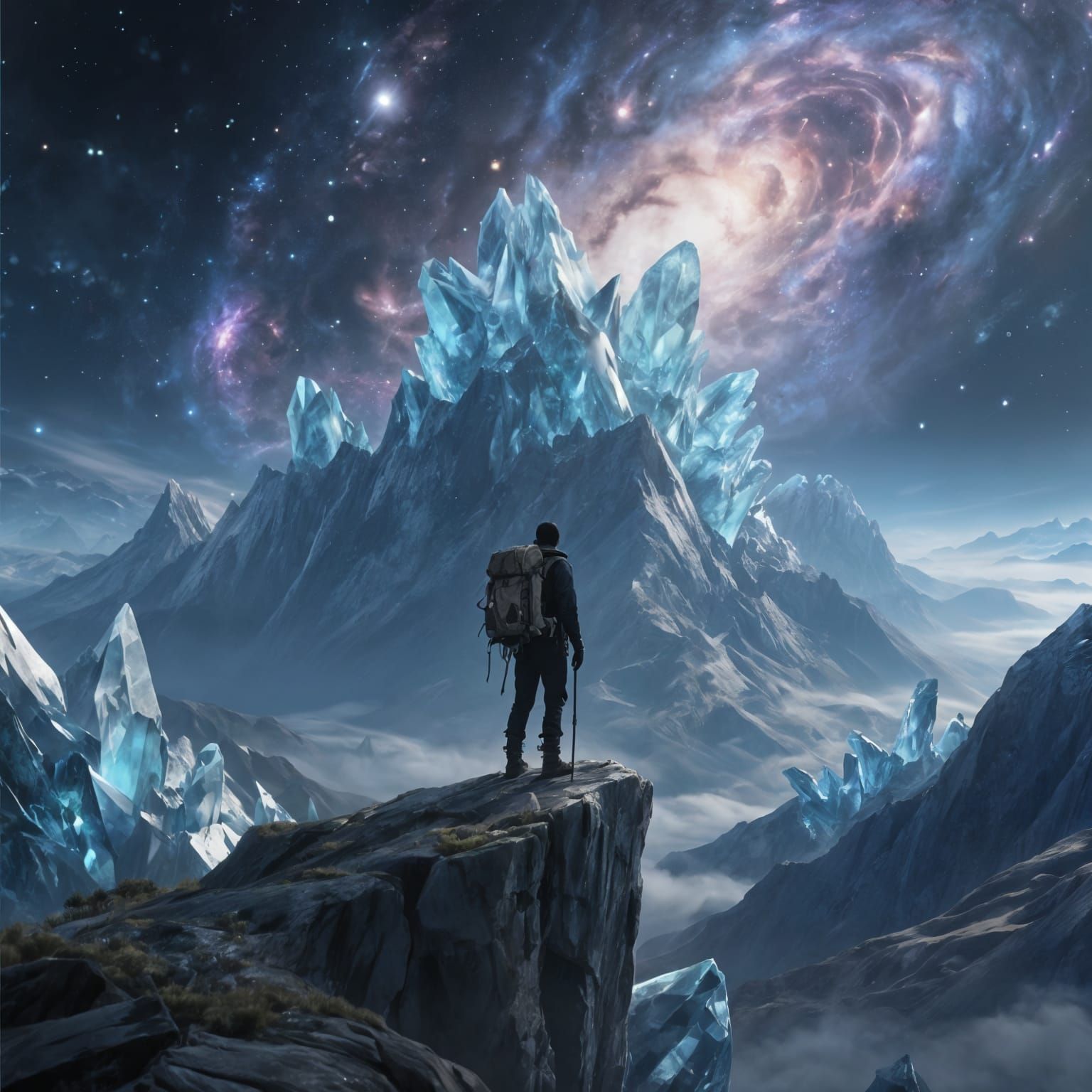 Hiker at Crystalline Peaks Under Nebula Sky