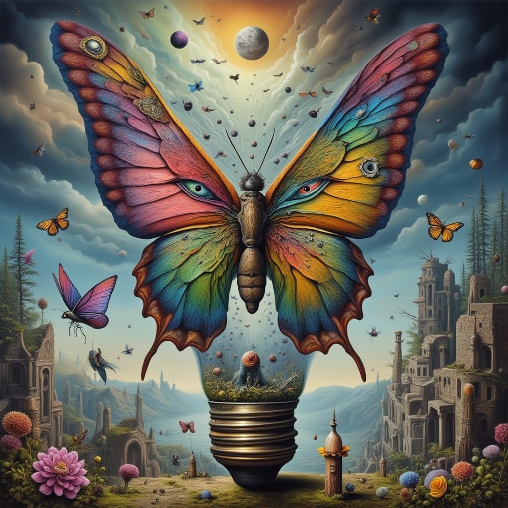 Surreal Butterfly Lightbulb With Flower Faces