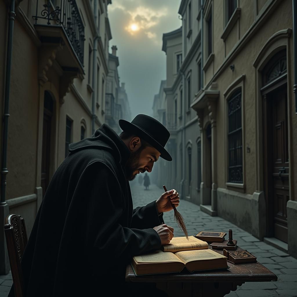 Mysterious Writer in Gothic Alleyway, Dark Romanticism