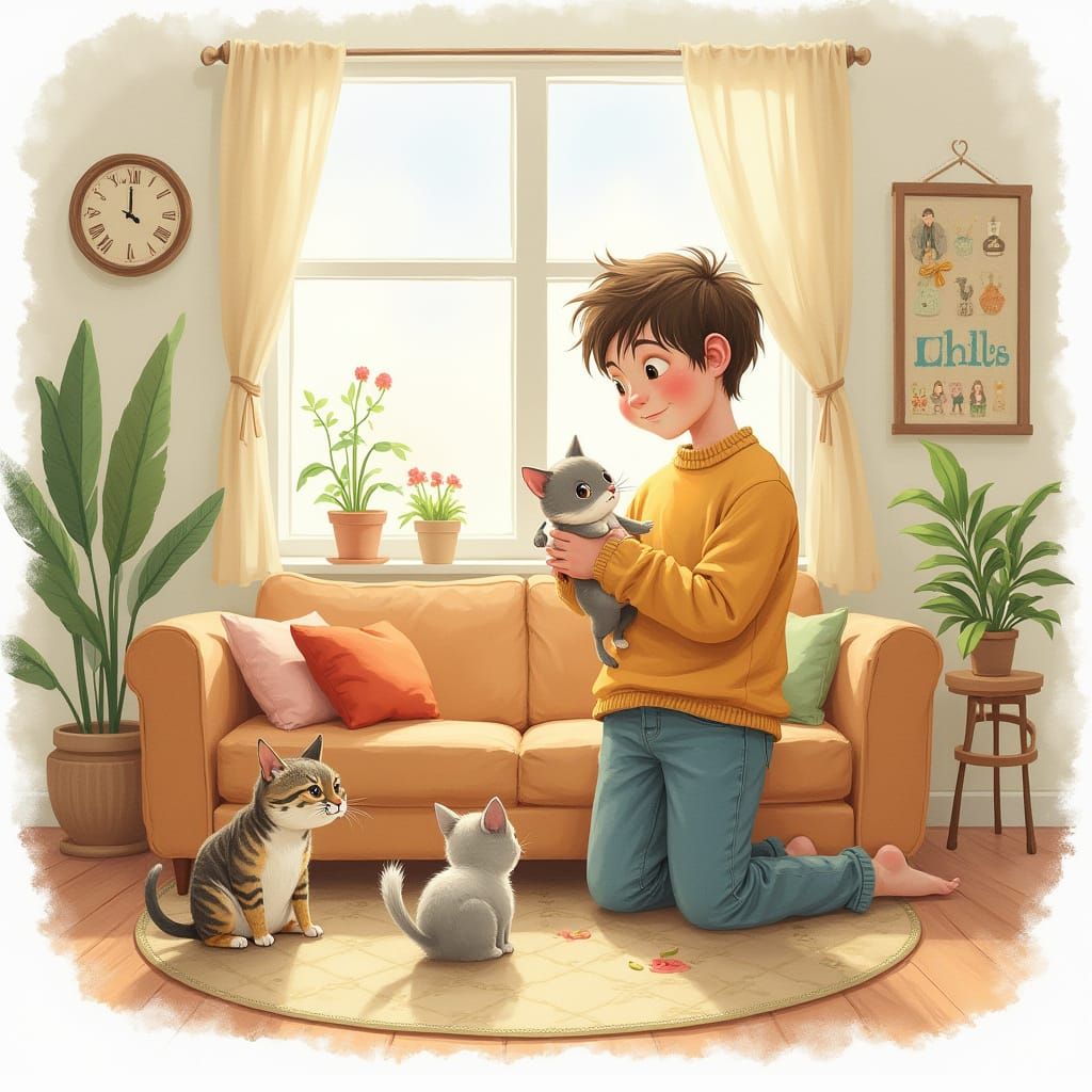 Whimsical Gentleman Plays with Furry Friends in Soothing Wat...