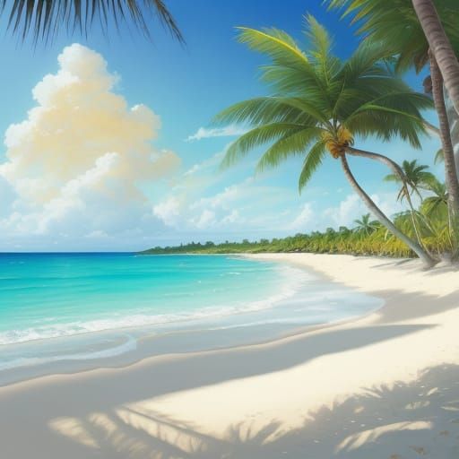 Idyllic Tropical Oasis in Soft Oil Painting Style