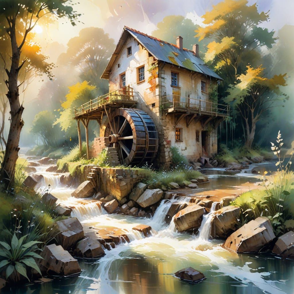 Vintage Watermill in Impressionist Watercolour