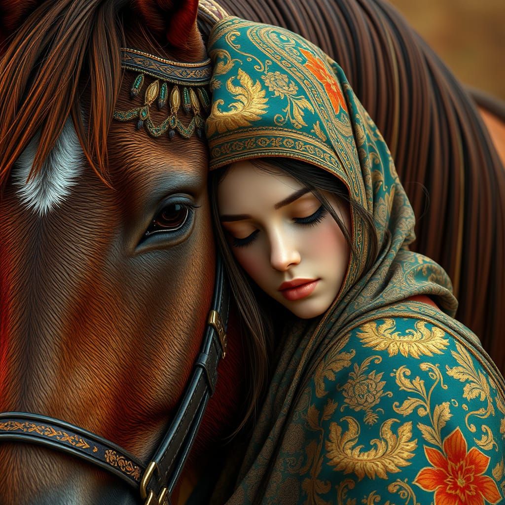 Woman with Ornate Headscarf and Horse in 3D Style