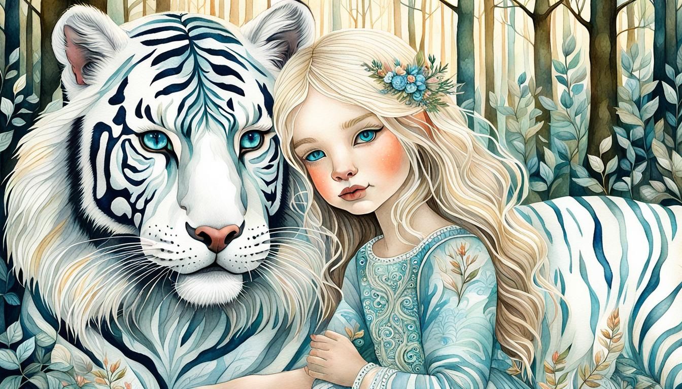 Baby Girl and White Tiger in Whimsical Forest