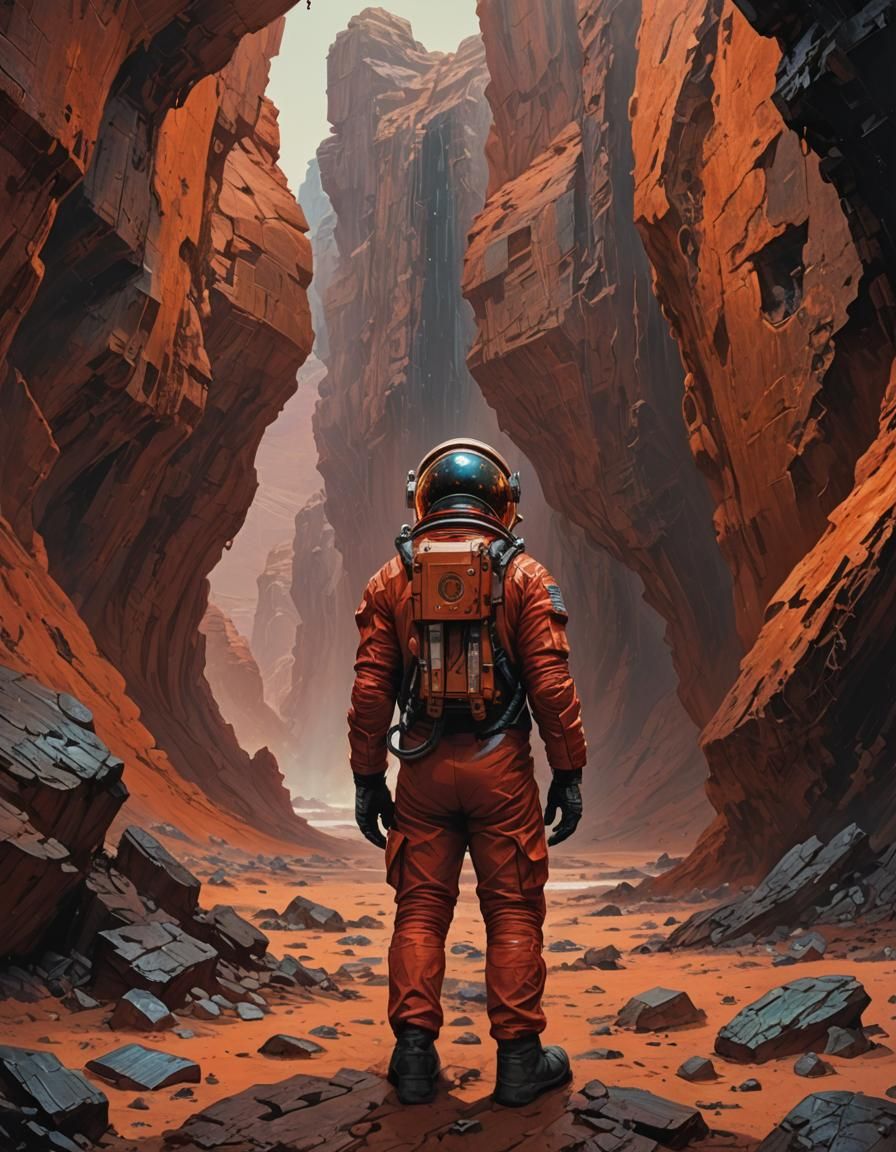 Astronaut on Mars Gazing at Monolith in Dark Fantasy Style