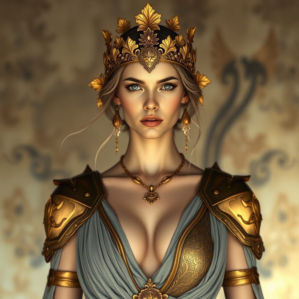 Ethereal Goddess in Ornate Gold Armor and Flowing Gown
