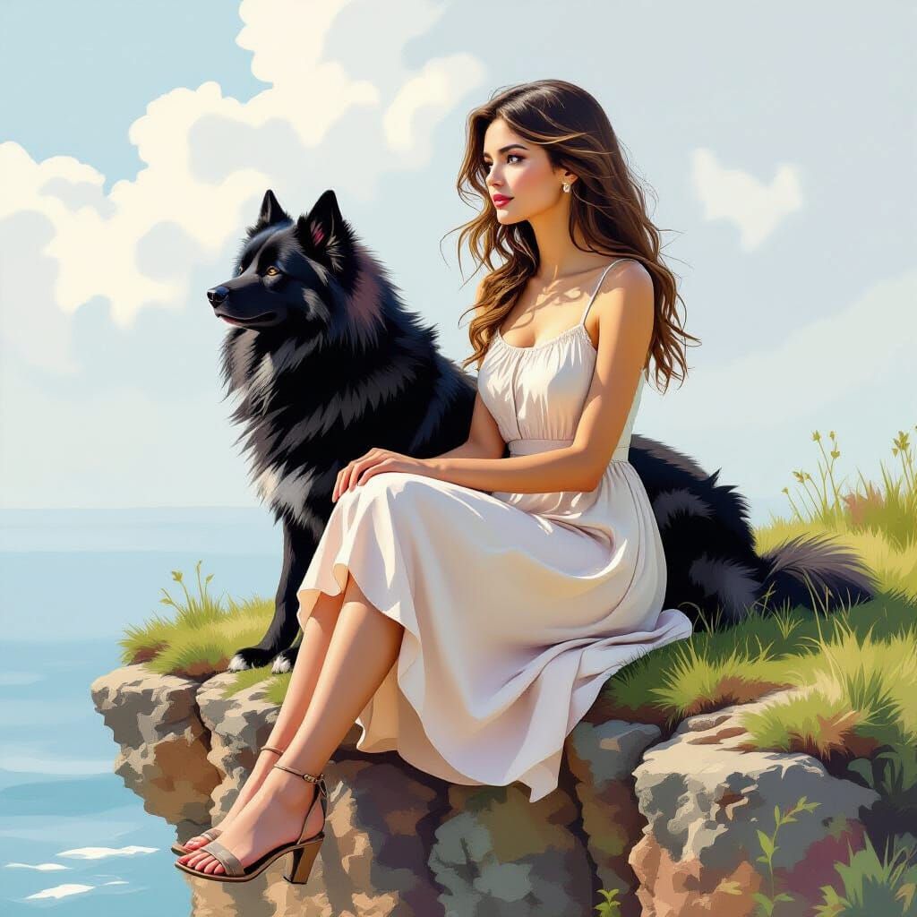 Woman and Dog on Cliff Edge: Hyperrealistic Art