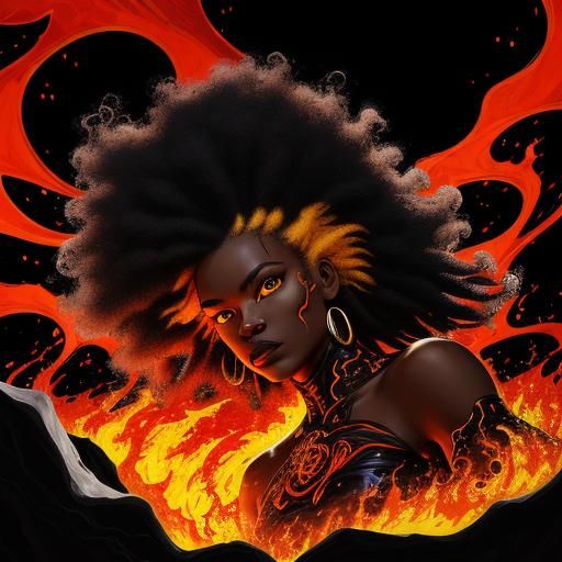 Afro-Futurist Woman with Fiery Hair in Graffiti Style