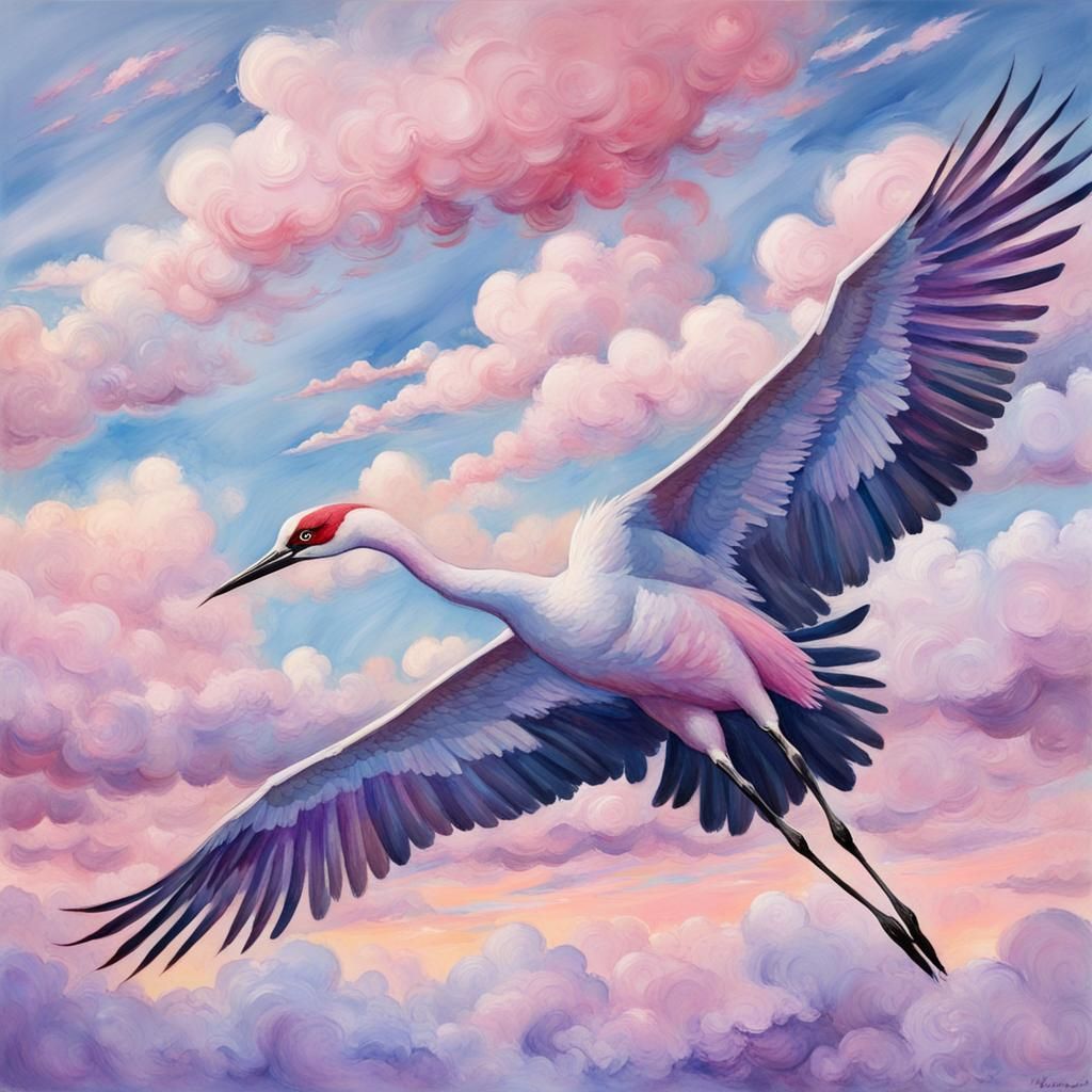 Crane in Flight: Gouache and Watercolor Impression