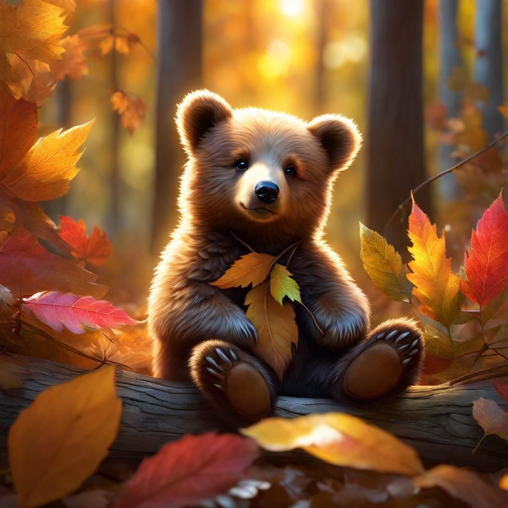 Adorable Pixie Bear Resting in Autumn Forest
