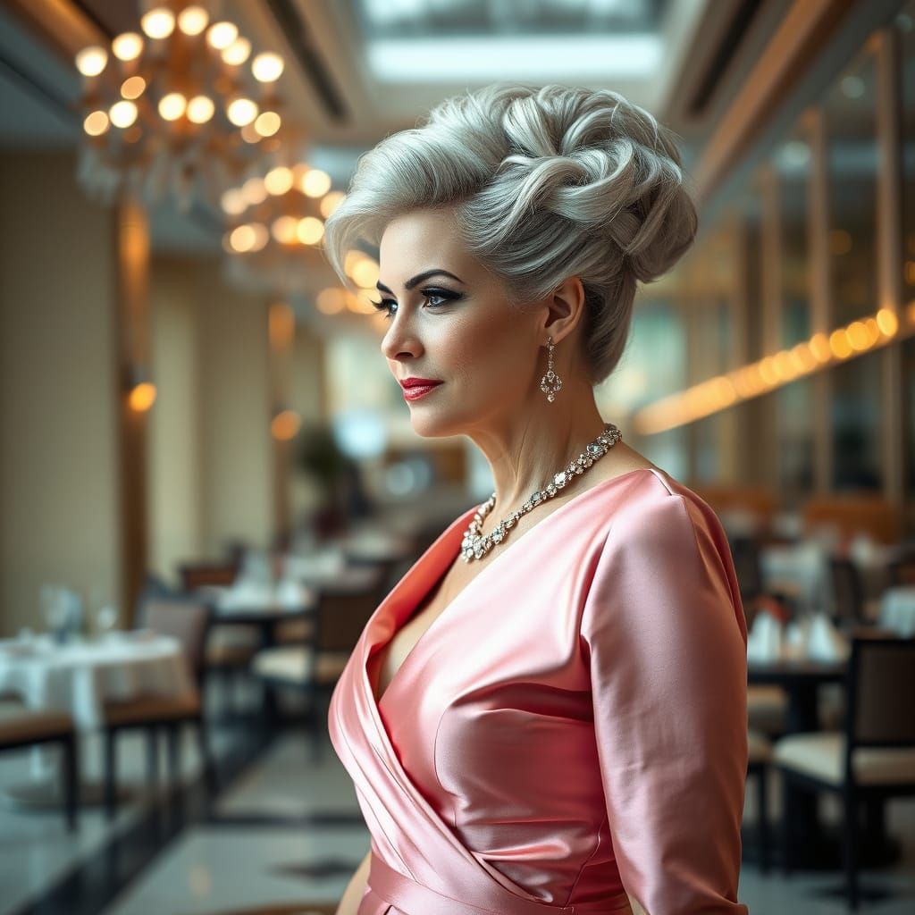 Elegant Woman in Pink Silk Dress, Luxurious Restaurant Lobby