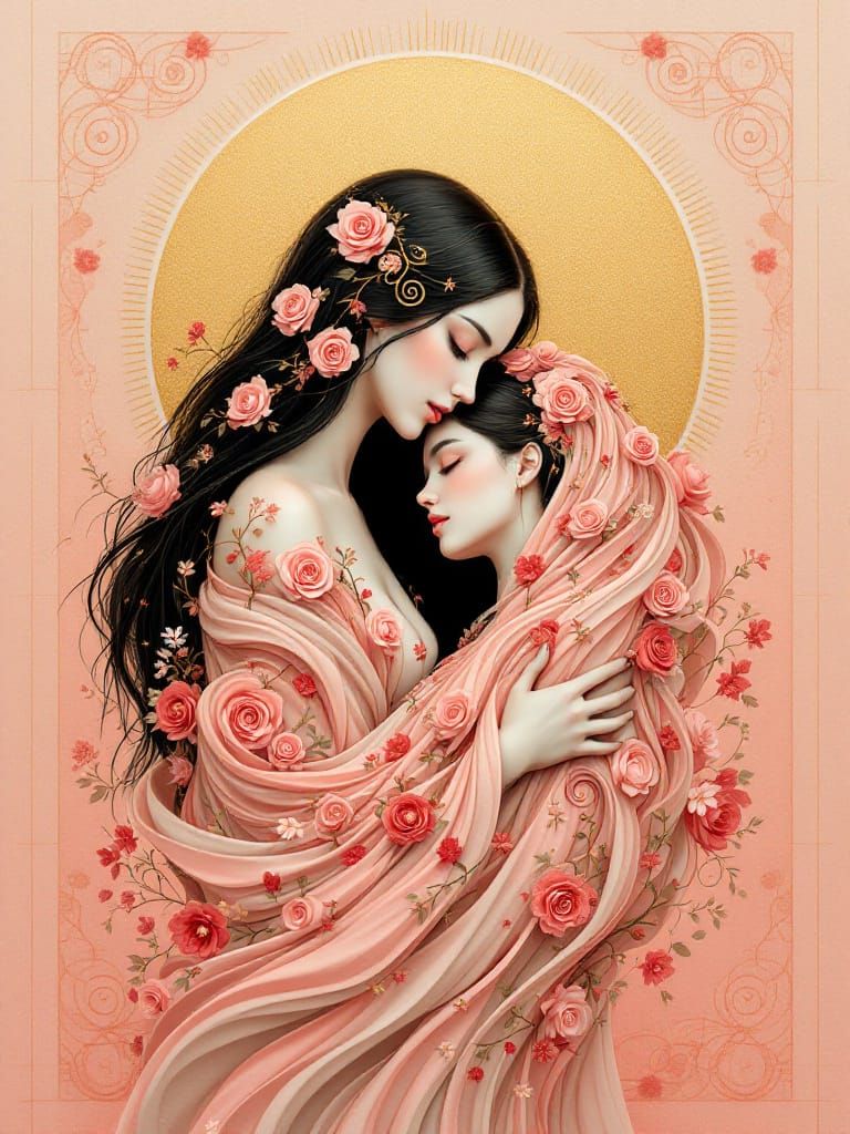 Figures Intertwined in Swirling Floral Blanket