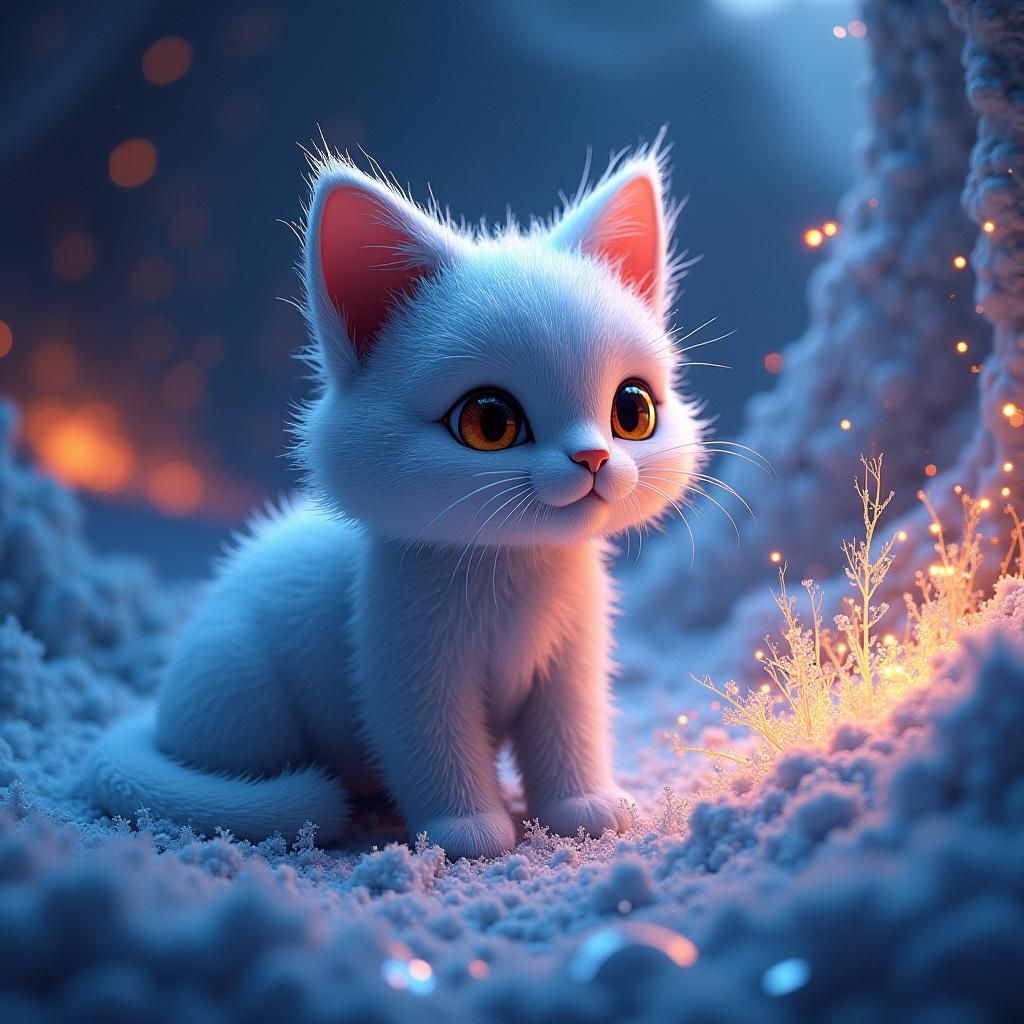 Cartoon Cat on Frozen Fractal Background as Concept Art