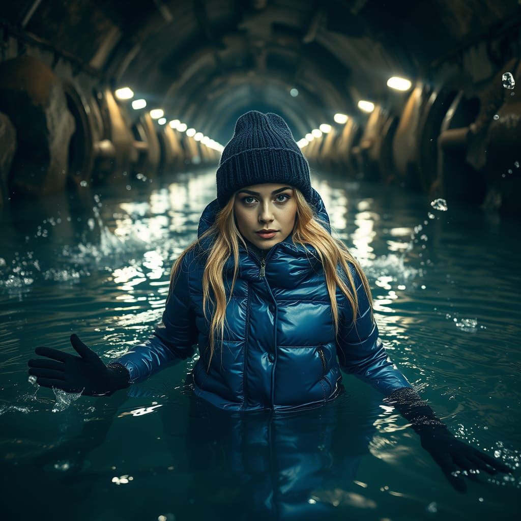 Woman Swimming in Flooded Mine, Photorealistic Style