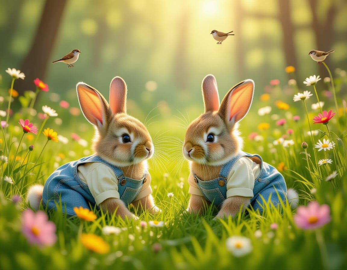 Bunnies in Overalls with Sparrows, Storybook Illustration