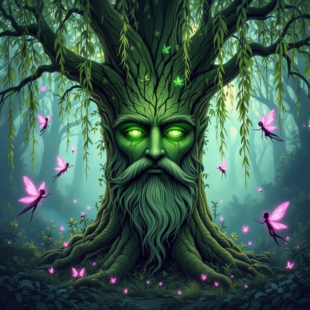 Enchanted Willow Tree With Face In Mystical Forest