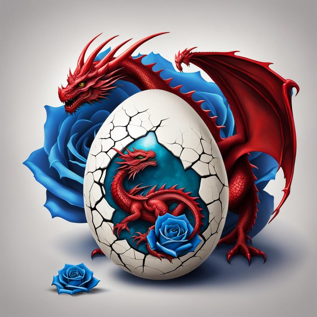 Crying Red Dragon Emerges with Blue Rose