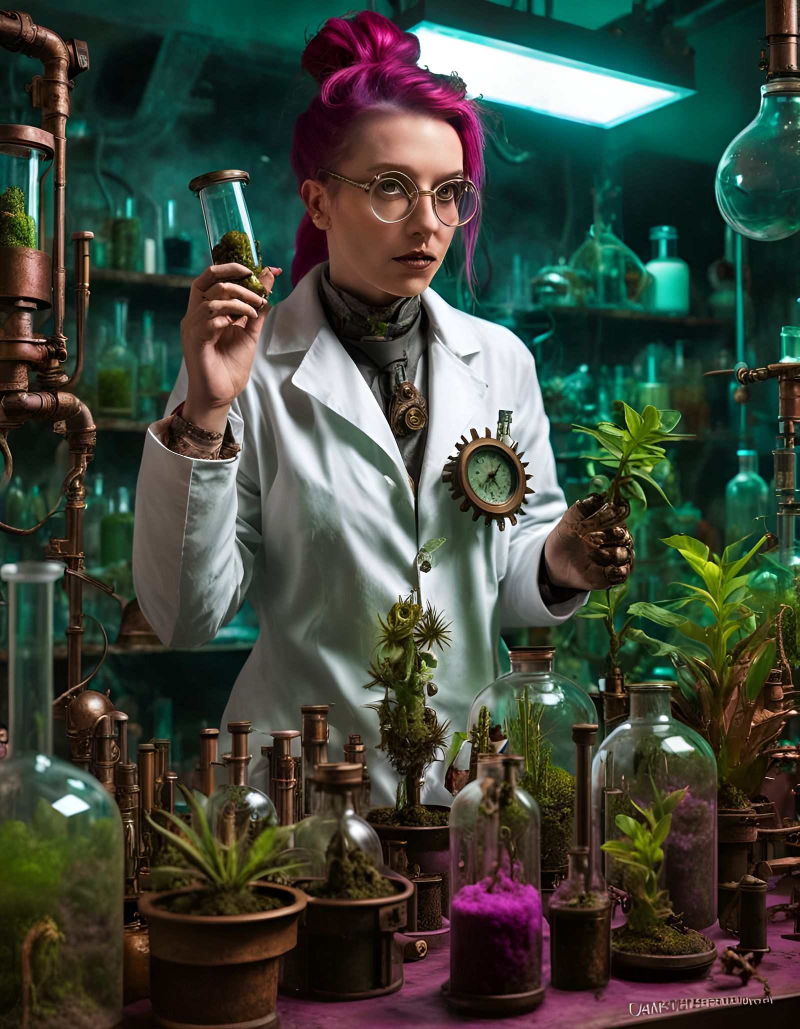 Steampunk Plant Biologist in a Gobbopunk Lab
