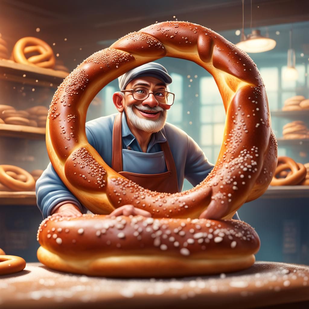 Hyperrealistic Pretzel Character Baking in Bakery