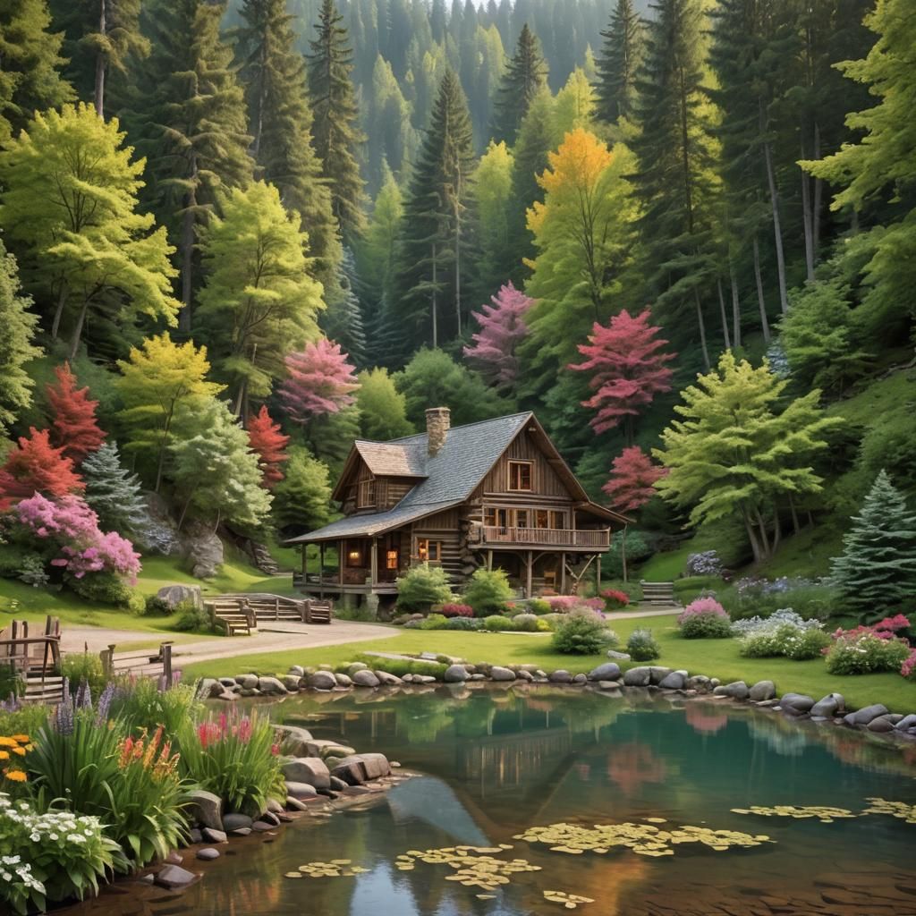 Secluded Log Cabin with Waterfall and Flower Beds