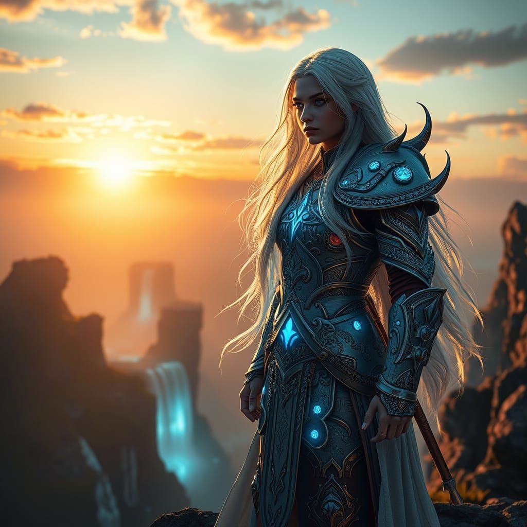 Ethereal Female Warrior Overlooking Fantasy Landscape