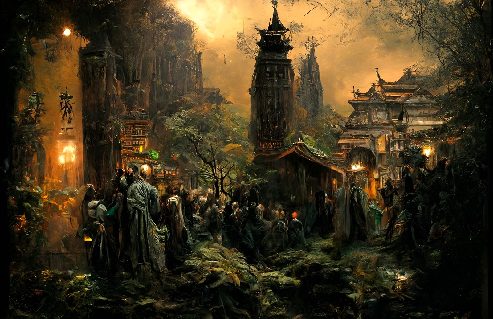 Lush Jungle Cityscape at Night, Detailed Painting