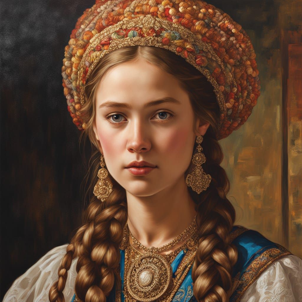 Beautiful Princess in Traditional Russian Dress, Oil Paintin...